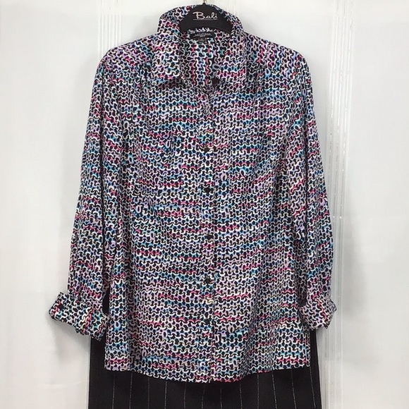 🎵 NOTATIONS Black Multi Abstract Print Long Sleeve Roll Tab Blouse - Picture 1 of 10